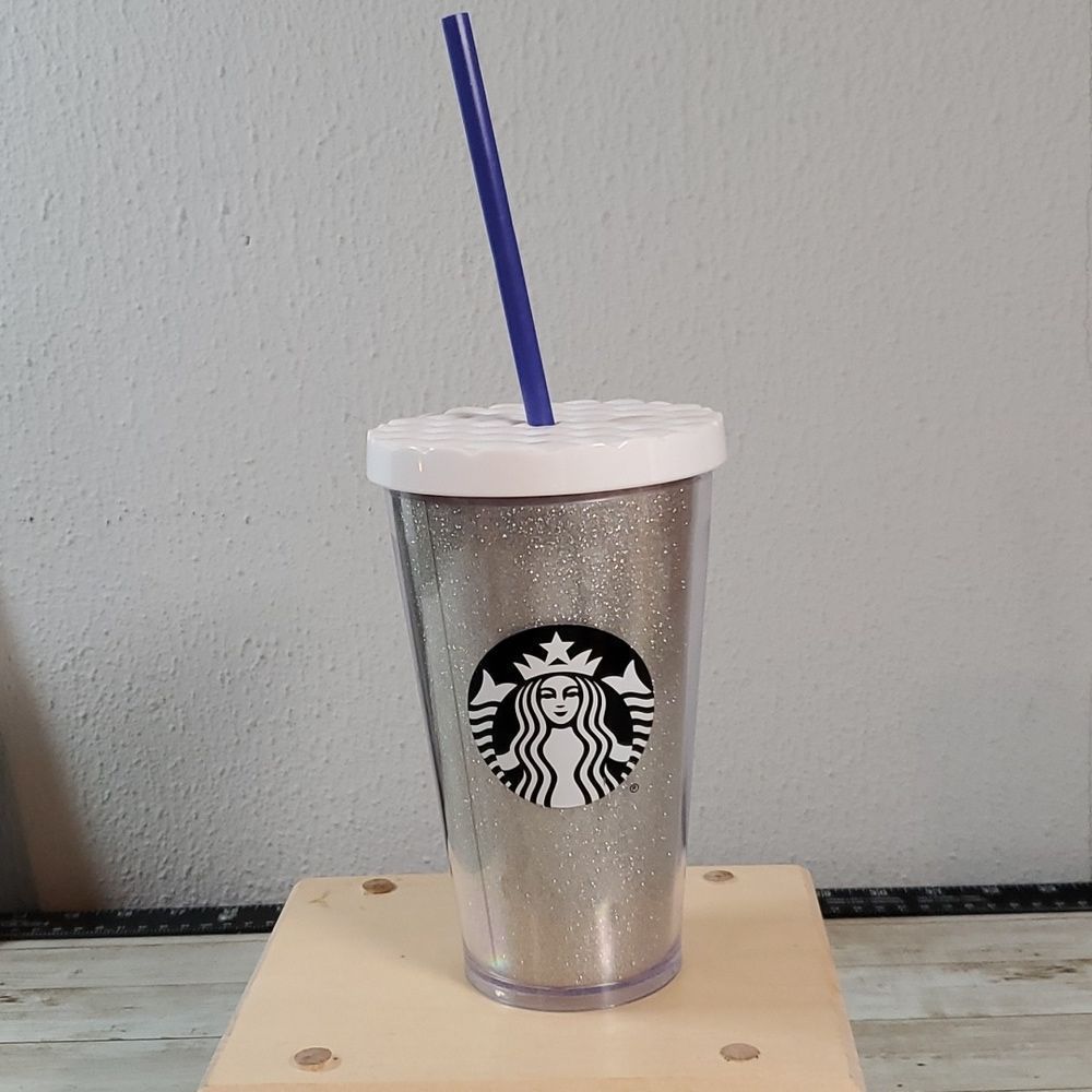 Starbucks 2016 Christmas Cold Cup 16 fl.oz. Silver‎ Glitter Black White Melusine